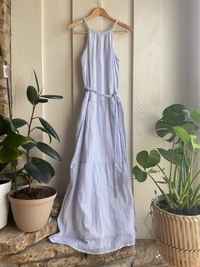 Japna Blue White Stripe Cotton Maxi Dress Braided Trim Belt Size S Boho Summer